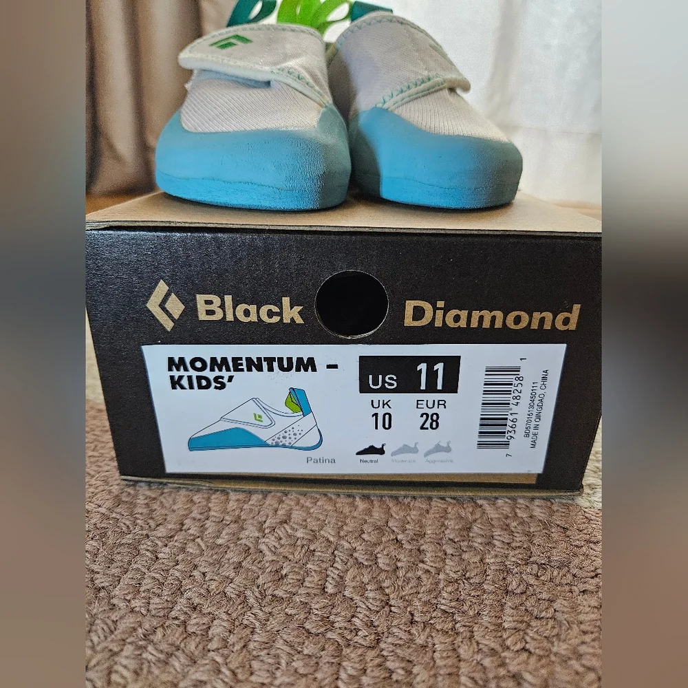 Black Diamond Kids Climbing Shoes in Teal, Gray, and Neon Green